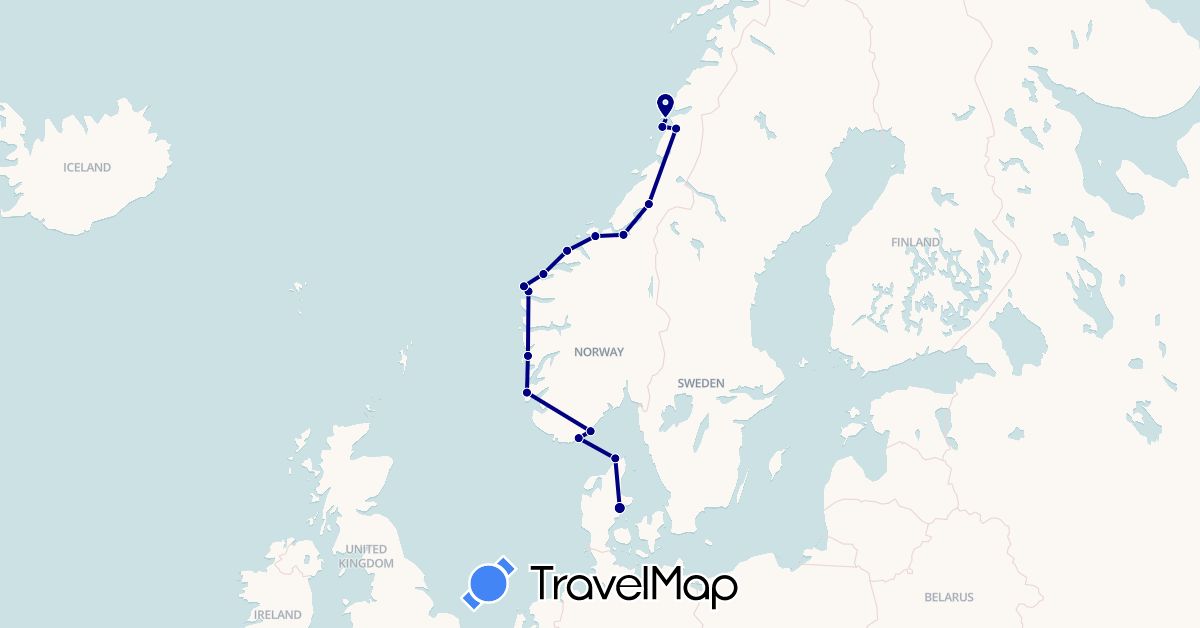 TravelMap itinerary: driving in Denmark, Norway (Europe)